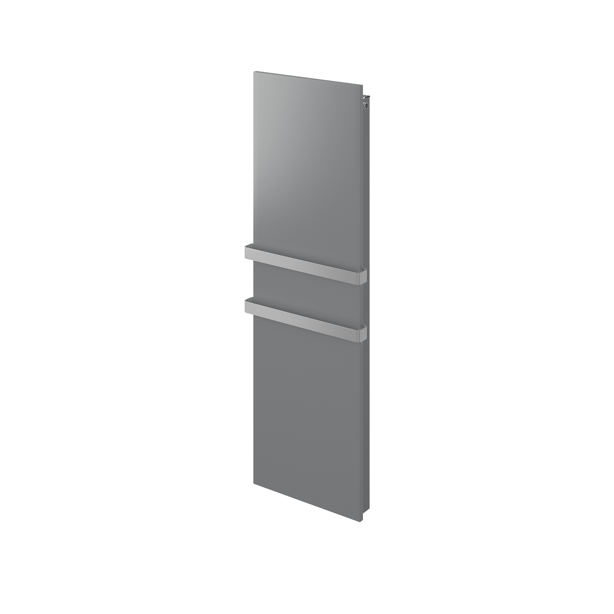 Vertical Ultra radiator in a titanium grey finish with dual towel bars, shown from an angled left view on a transparent background.