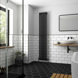 Black Softline Concord Slimline Concept radiator in a bathroom
