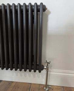 Close up image of Stelrad's Home Column Concept radiator in black