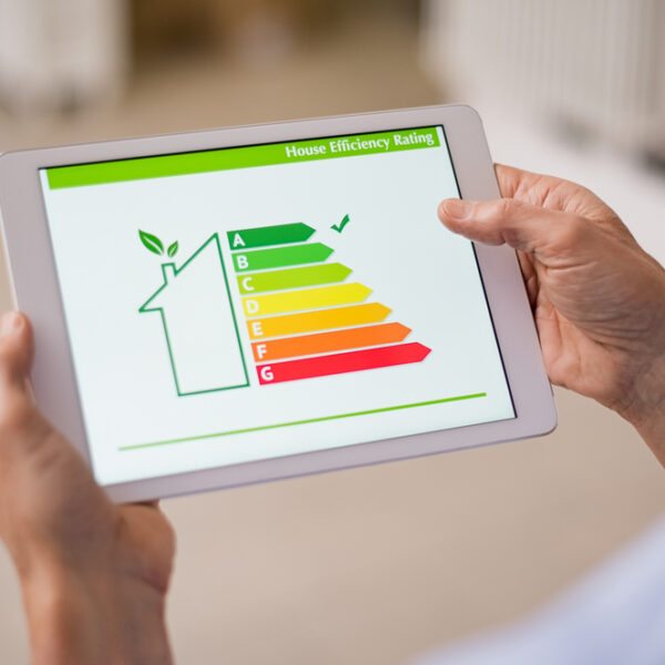 a man looking at an energy efficiency scale on a tablet computer