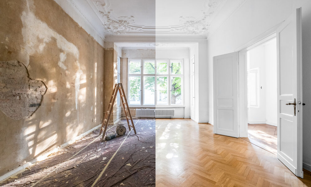 split image comparison of a room during and after renovation