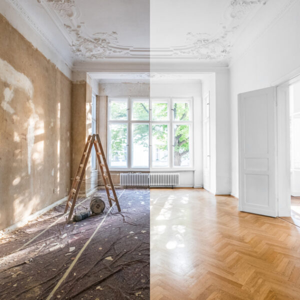 split image comparison of a room during and after renovation