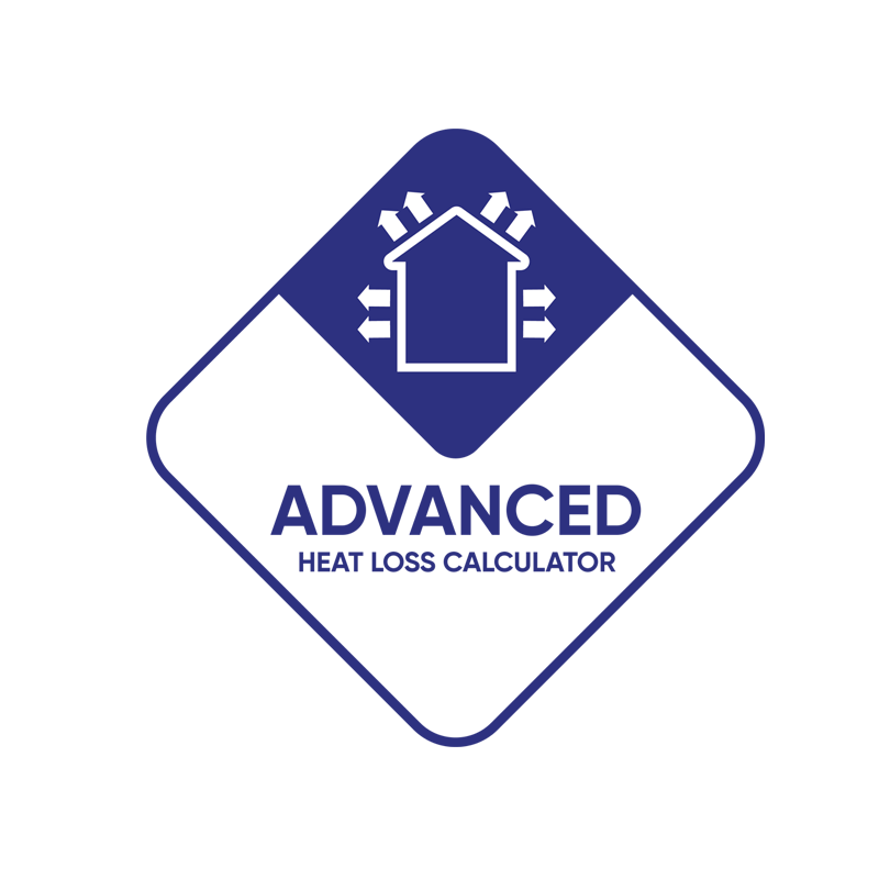 Advanced Heat Loss Calculator logo featuring a stylised white house outline with arrows indicating heat flow inside a blue diamond shape on a transparent background.