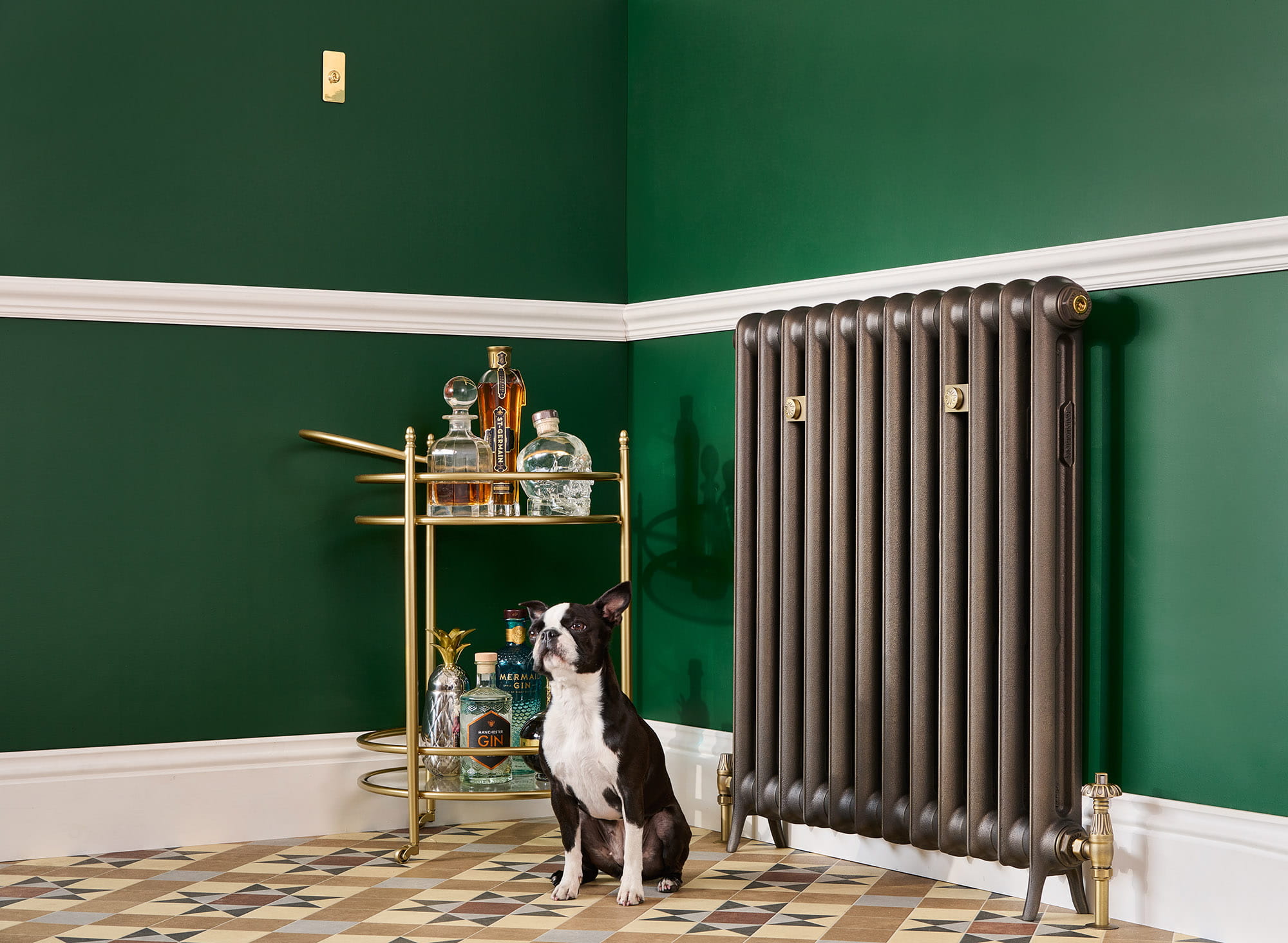 Stelrad Foundry i 865 cast iron radiator in bronze with dog in front of tray